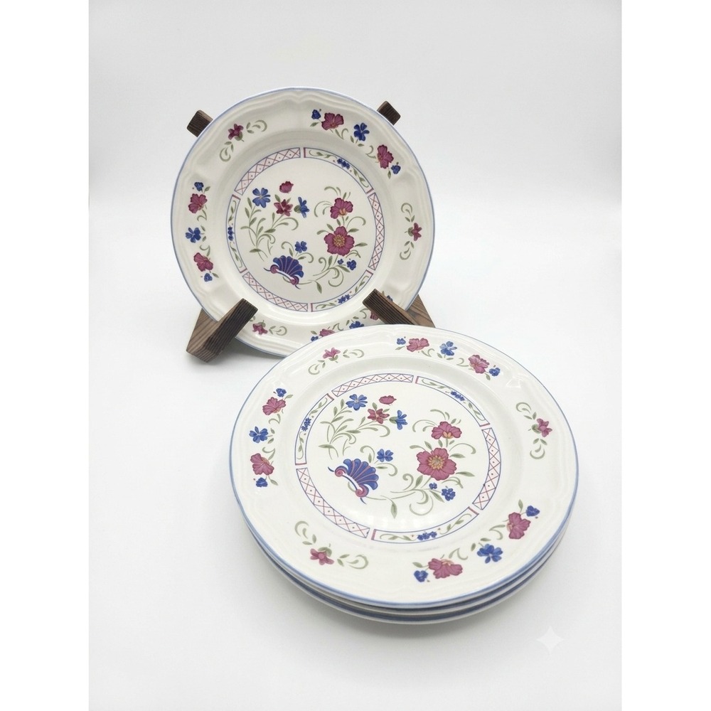 Tienshan Stoneware Floral Salad Plates Set of 4 Country Cottage 8 Inch Pink Blue